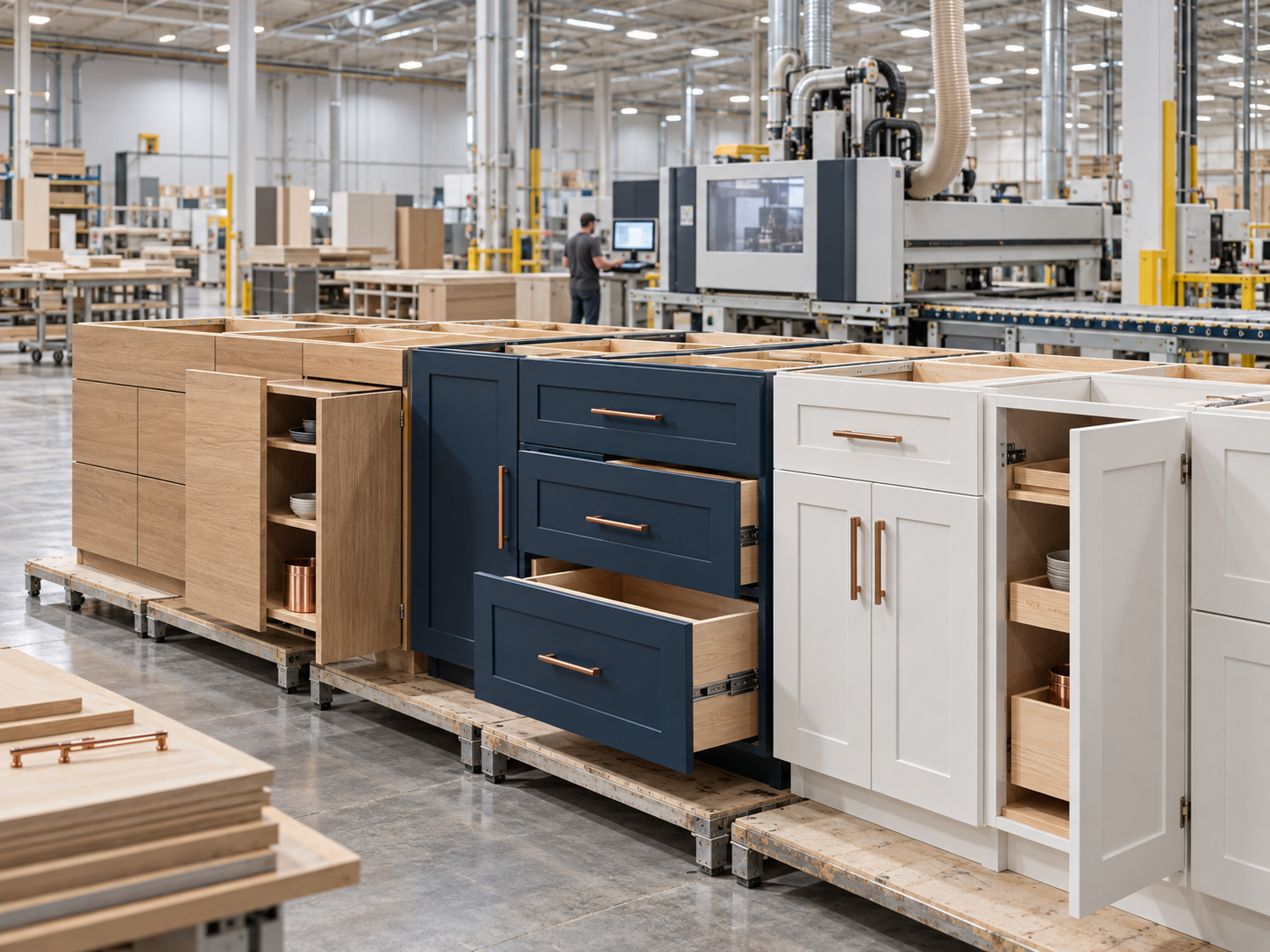 Finished frameless apartment cabinet systems on the cabinet manufacturing line