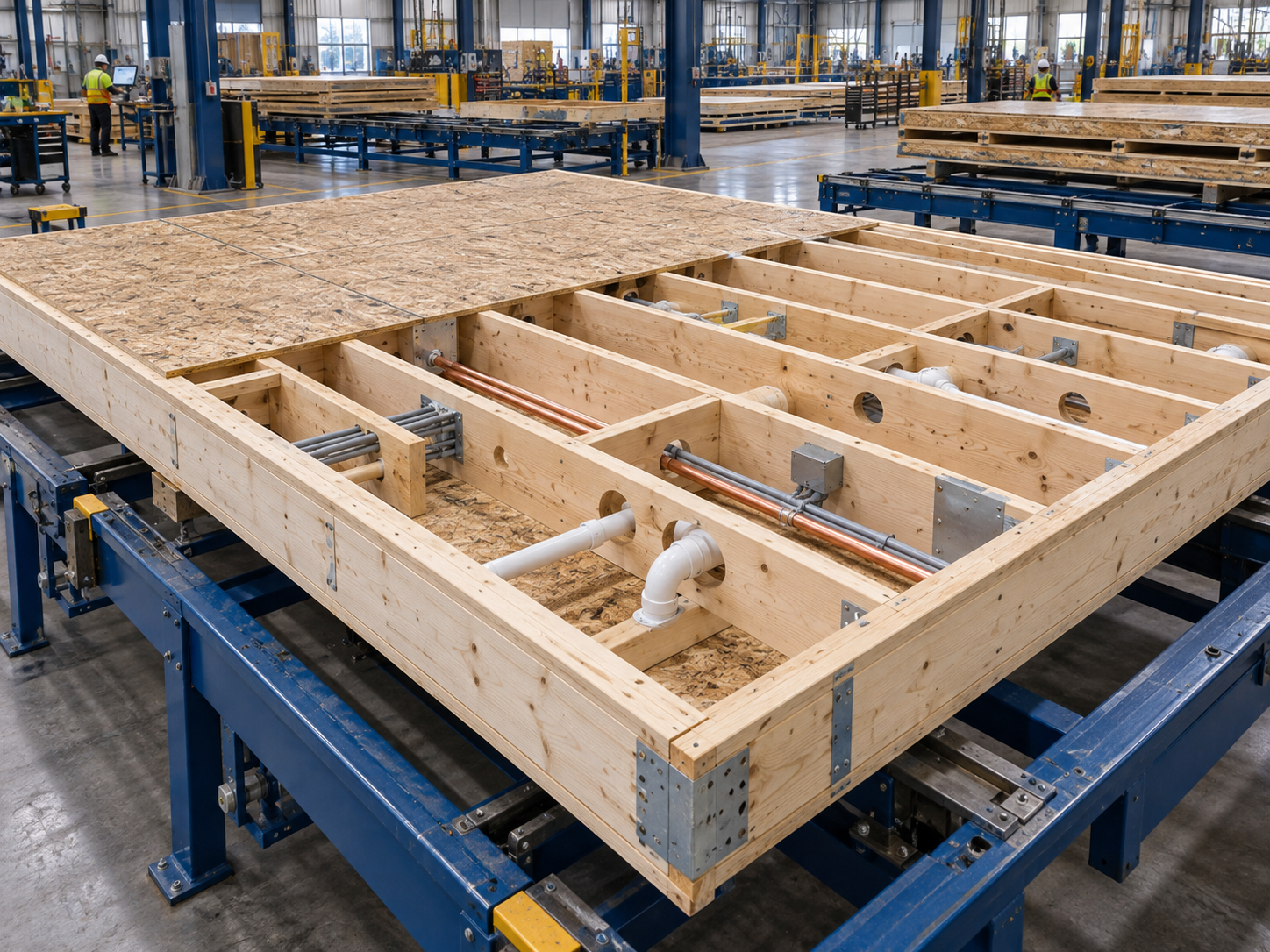 Prefabricated apartment floor cassette with structural framing and MEP openings