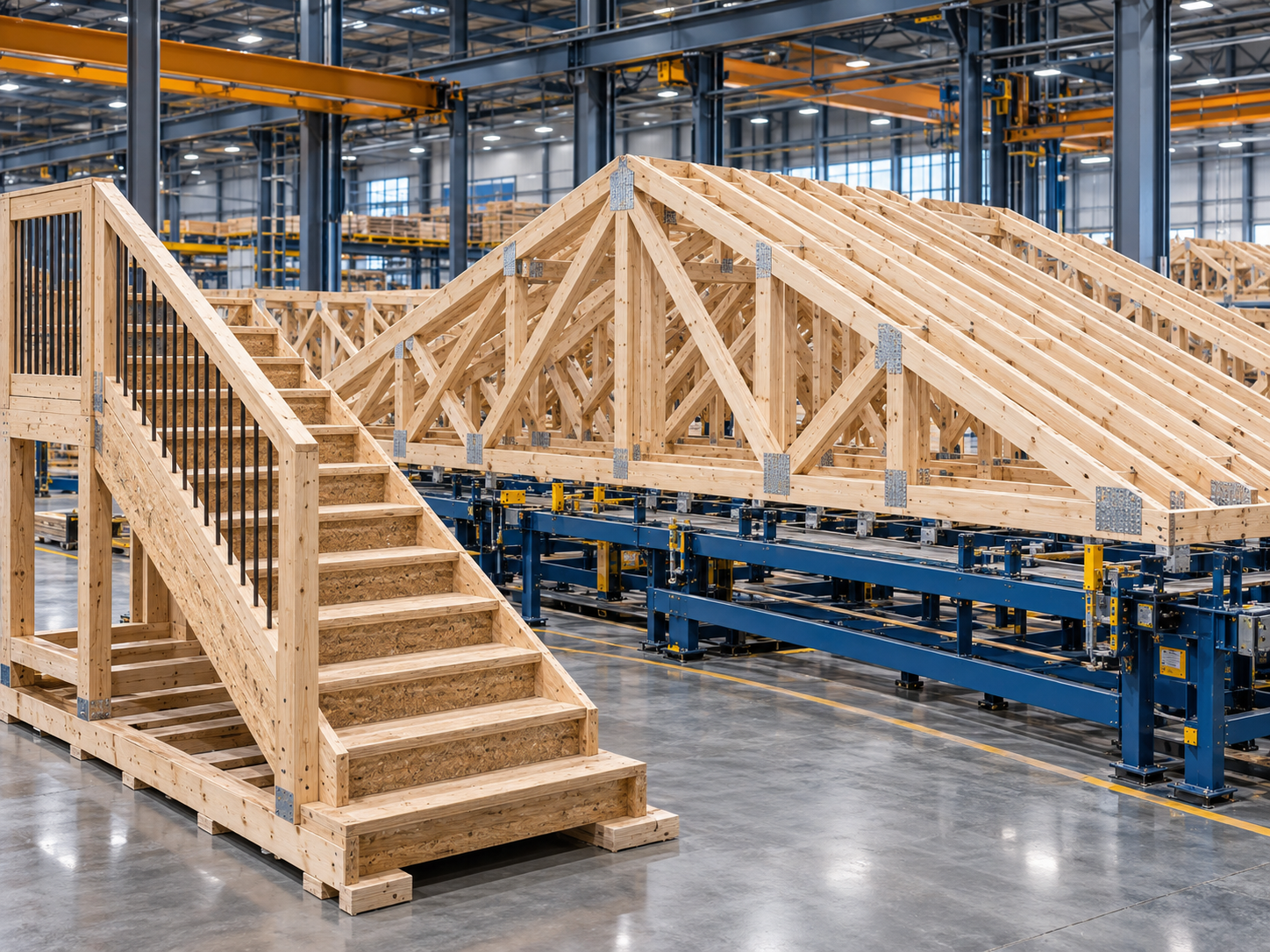 Manufactured wood roof trusses and apartment stair assembly inside the factory