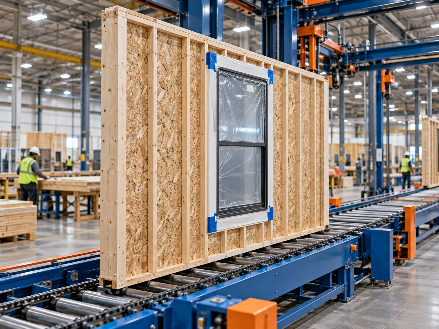 Factory-built apartment wall panel with a protected window on the production line